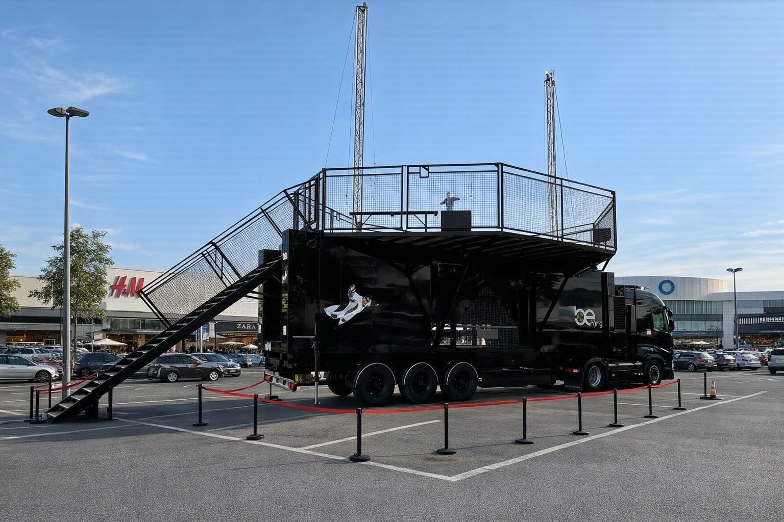 Simulateur de chute libre à ciel ouvert installé sur le parking d'un centre commercial